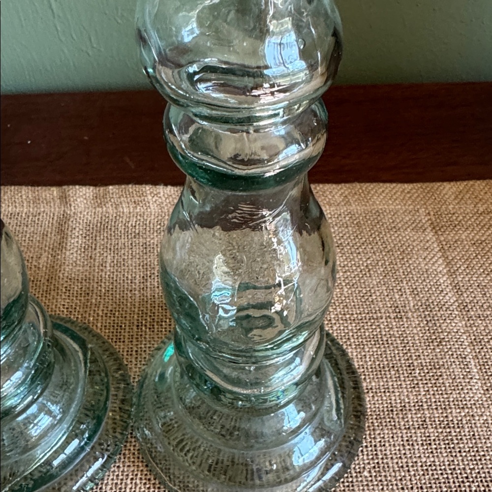 Pottery Barn Pair of Green Recycled Glass Candle Sticks Made in Spain ~8” - Picture 6 of 10